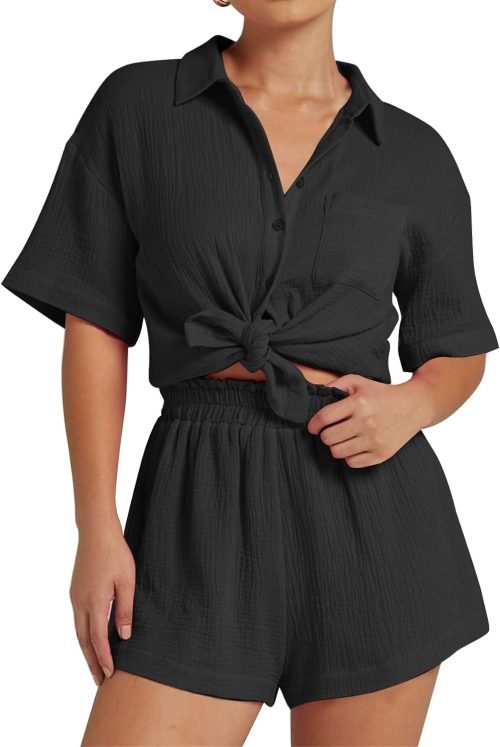 Women's 2 Piece Outfits Track Suits Matching Sets Loungewear for Vacation Button Down Shirt and Shorts Set