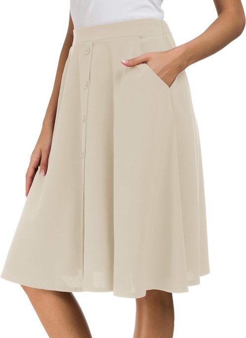 Womens High Waisted A Line Pleated Midi Skirt Button Front Skirts with Pocket