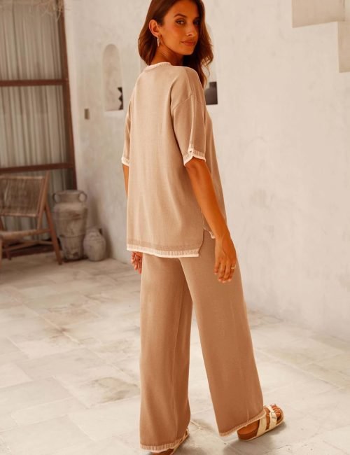 Set 2 Piece Outfits Short Sleeve Knitted Pullover Wide Leg Lounge Pants Tracksuit