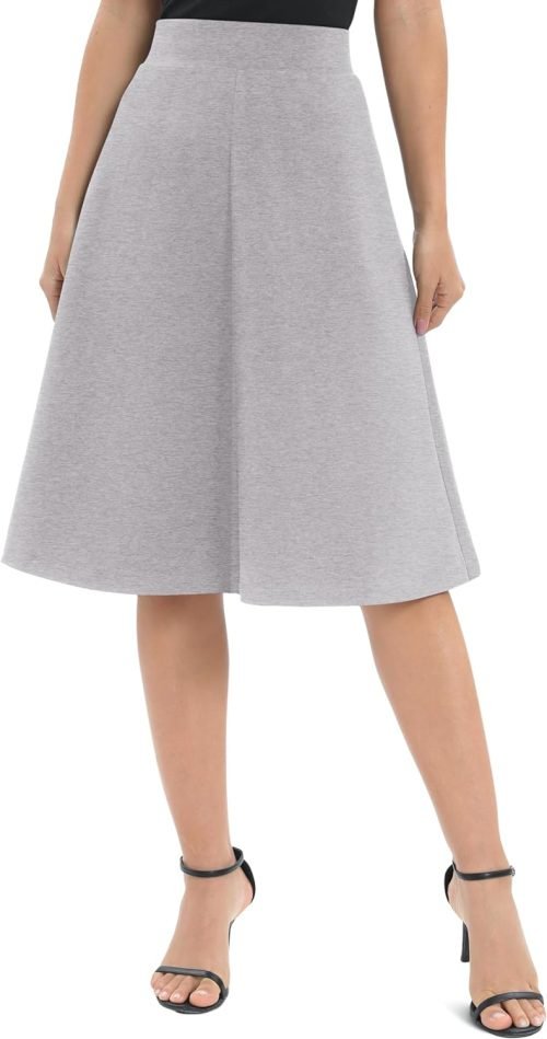 Women's A-Line Elastic High Waist Flare Work Midi Knee Length Stretchy Skirt