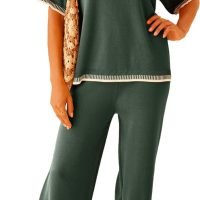Set 2 Piece Outfits Short Sleeve Knitted Pullover Wide Leg Lounge Pants Tracksuit