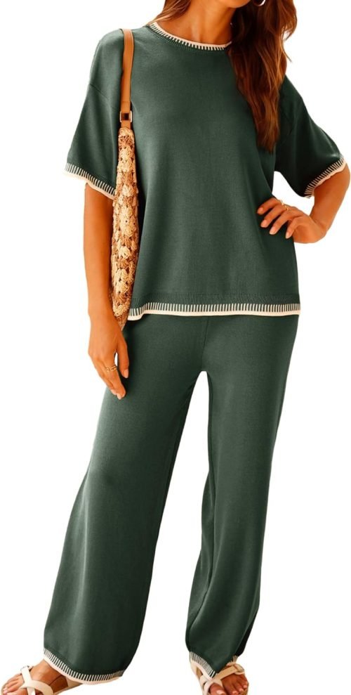 Set 2 Piece Outfits Short Sleeve Knitted Pullover Wide Leg Lounge Pants Tracksuit