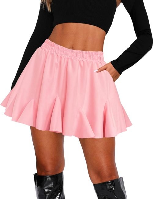 Women's Pleated Skater Skirt with Pockets High Waisted Ruffles Flared Mini Short Skirts