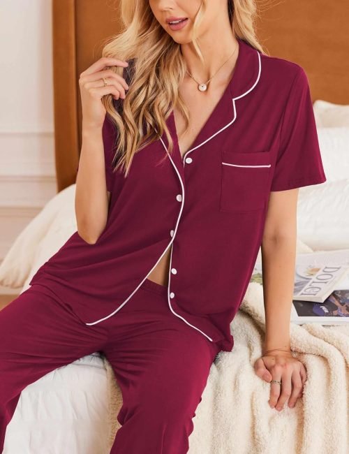 Women Pajamas Set Button Down Sleepwear Short Sleeve Nightwear with Long Pants Soft Pjs Set with Pockets S-XXL