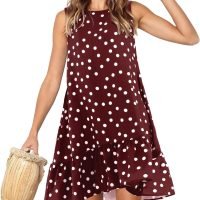 Women Sleeveless Dresses Casual Polka Dot Summer Tank Dress, Burgundy, Large