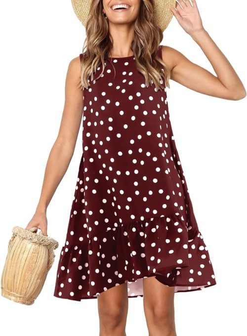 Women Sleeveless Dresses Casual Polka Dot Summer Tank Dress, Burgundy, Large