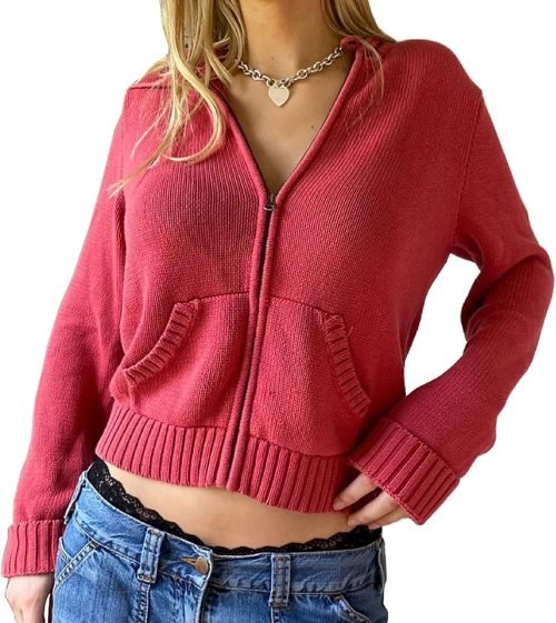 Women Zip Up Long Sleeve Crop Hooded Tops Ribbed Knit Cropped Hoodie Jacket Y2k Cute Sweater Pullover