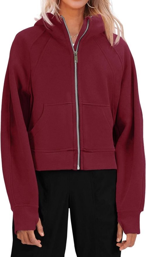 71E6ArM2x5L._AC_SL1500 Womens Zip Up Sweatshirts Fleece Lined Collar Crop Hoodie Casual Cotton Long Sleeve Tops with Thumb Hole