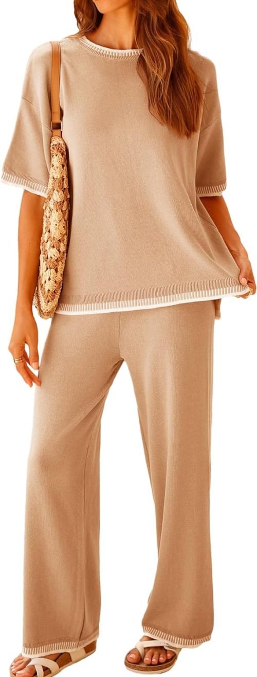 Set 2 Piece Outfits Short Sleeve Knitted Pullover Wide Leg Lounge Pants Tracksuit
