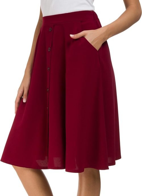 Womens High Waisted A Line Pleated Midi Skirt Button Front Skirts with Pocket