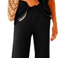 Set 2 Piece Outfits Short Sleeve Knitted Pullover Wide Leg Lounge Pants Tracksuit