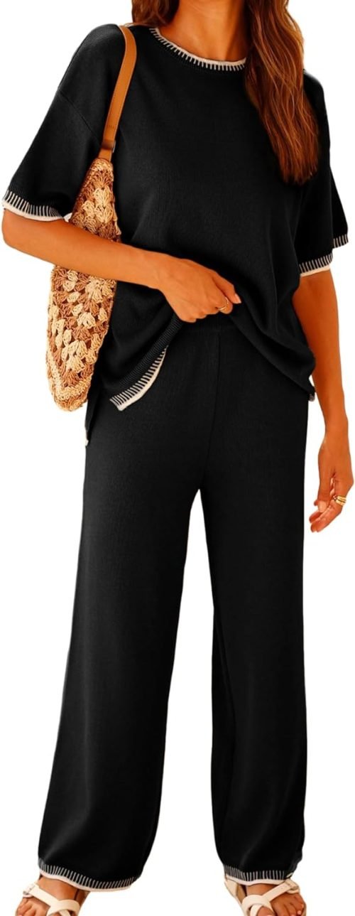 Set 2 Piece Outfits Short Sleeve Knitted Pullover Wide Leg Lounge Pants Tracksuit