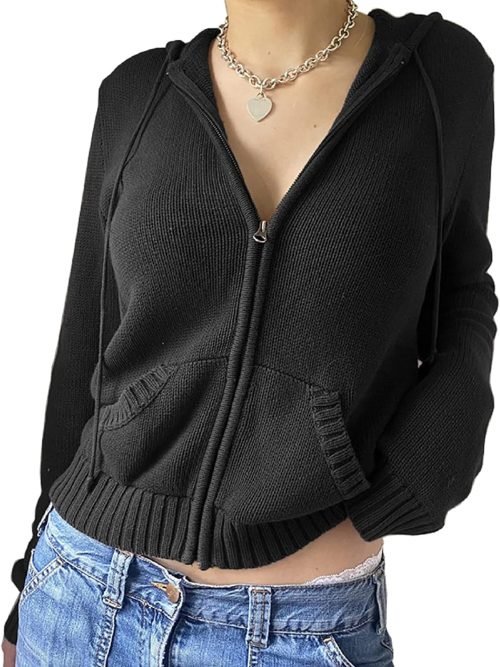 Women Zip Up Long Sleeve Crop Hooded Tops Ribbed Knit Cropped Hoodie Jacket Y2k Cute Sweater Pullover