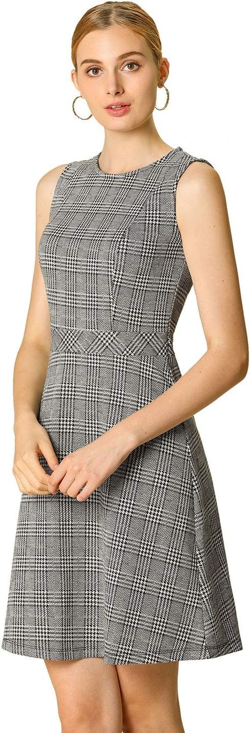 Women's Plaid Dress Sleeveless Fit and Flare Houndstooth Work Dresses
