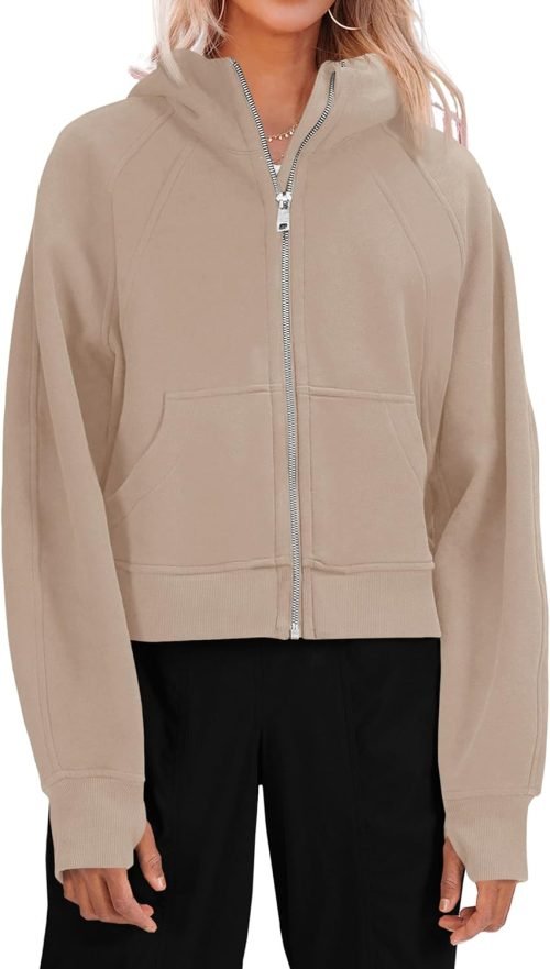 71H2slahqsL._AC_SL1500 Womens Zip Up Sweatshirts Fleece Lined Collar Crop Hoodie Casual Cotton Long Sleeve Tops with Thumb Hole