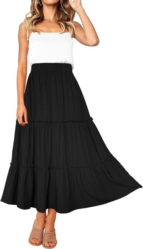 Womens High Waist A Line Ruffle Swing Long Maxi Skirt with Pockets