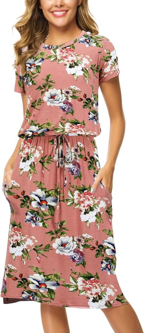 Womens Hide Belly Mid Length Work Casual Dress with Pockets