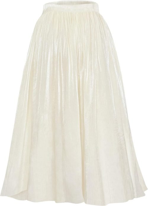 Women High Elastic Waist Pleated Midi Long Skirt Swing A-line Skirts