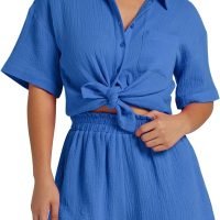 Women's 2 Piece Outfits Track Suits Matching Sets Loungewear for Vacation Button Down Shirt and Shorts Set