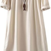 Women's Cotton Linen Dress Short Sleeve Midi Casual Tunic Dress with Pockets