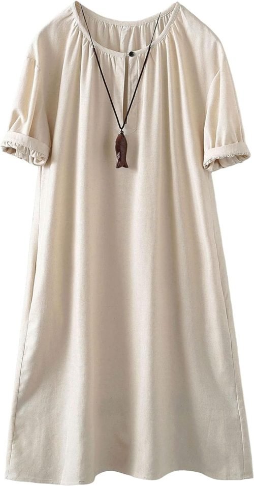 Women's Cotton Linen Dress Short Sleeve Midi Casual Tunic Dress with Pockets