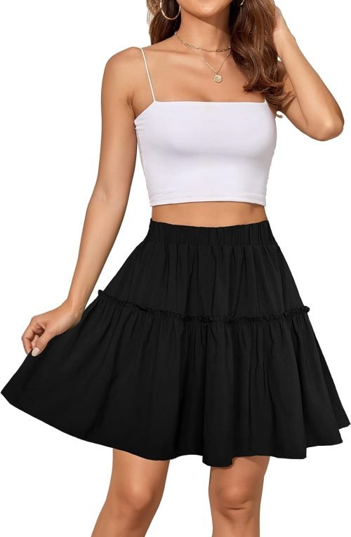 Women's Summer High Waist Floral Layered Ruffle Pleated Beach Mini Skirt