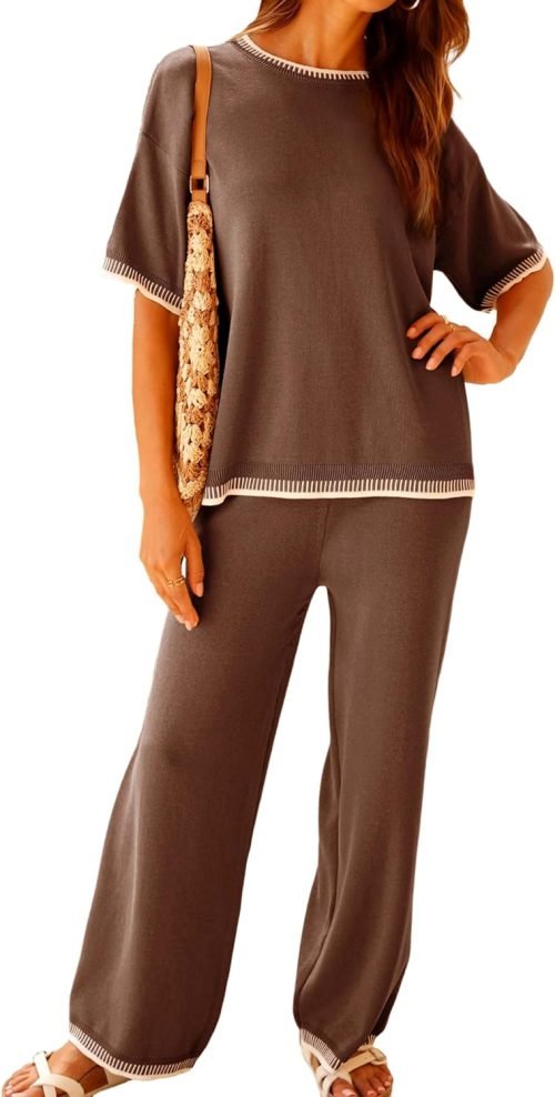 Set 2 Piece Outfits Short Sleeve Knitted Pullover Wide Leg Lounge Pants Tracksuit