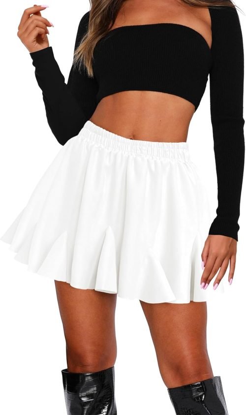 Women's Pleated Skater Skirt with Pockets High Waisted Ruffles Flared Mini Short Skirts