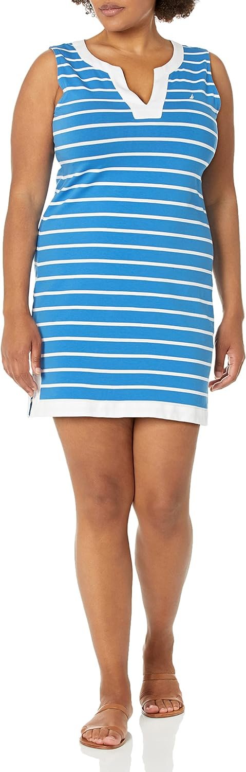 Women's Breton Stripes Sleeveless V-Neck Stretch Cotton Polo Dress