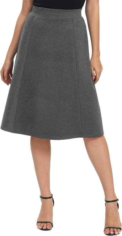 Women's A-Line Elastic High Waist Flare Work Midi Knee Length Stretchy Skirt