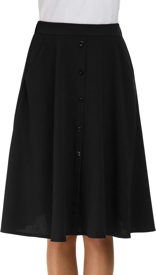Womens High Waisted A Line Pleated Midi Skirt Button Front Skirts with Pocket