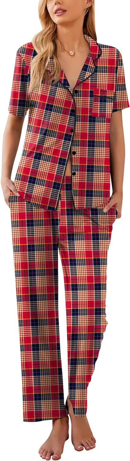 Women Pajamas Set Button Down Sleepwear Short Sleeve Nightwear with Long Pants Soft Pjs Set with Pockets S-XXL