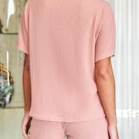 Ribbed Knit Pajama Sets for Women Short Sleeve Loungewear V Neck Pjs Shorts Sets