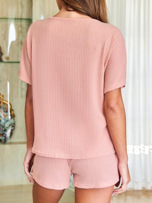 Ribbed Knit Pajama Sets for Women Short Sleeve Loungewear V Neck Pjs Shorts Sets