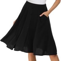 Womens High Waisted A Line Pleated Midi Skirt Button Front Skirts with Pocket