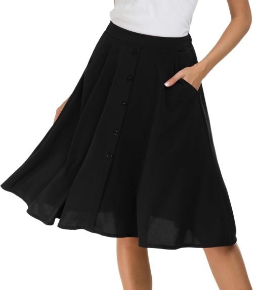 Womens High Waisted A Line Pleated Midi Skirt Button Front Skirts with Pocket