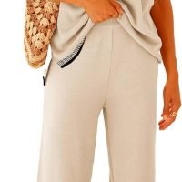 Set 2 Piece Outfits Short Sleeve Knitted Pullover Wide Leg Lounge Pants Tracksuit