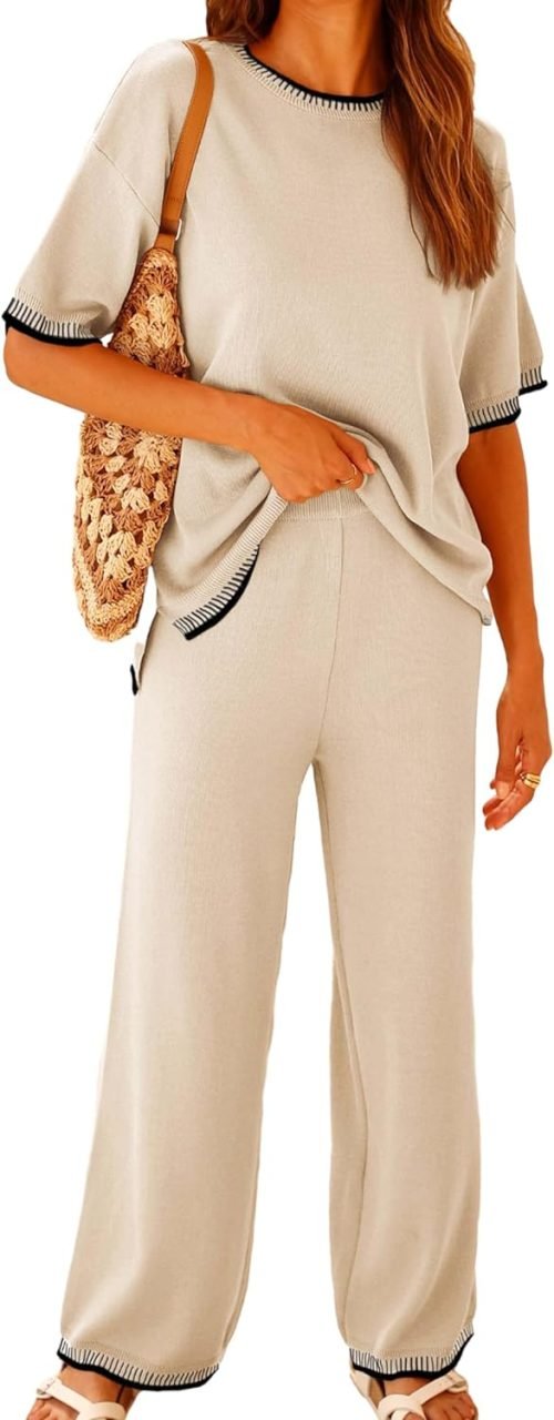 Set 2 Piece Outfits Short Sleeve Knitted Pullover Wide Leg Lounge Pants Tracksuit