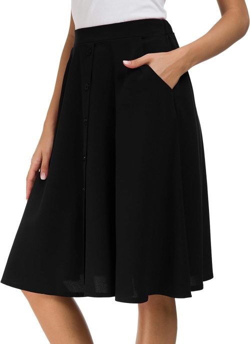 Womens High Waisted A Line Pleated Midi Skirt Button Front Skirts with Pocket