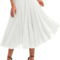 Women's Tulle Skirt Elastic High Waist Layered Pleated Mesh Flowy A-line Midi Skirt
