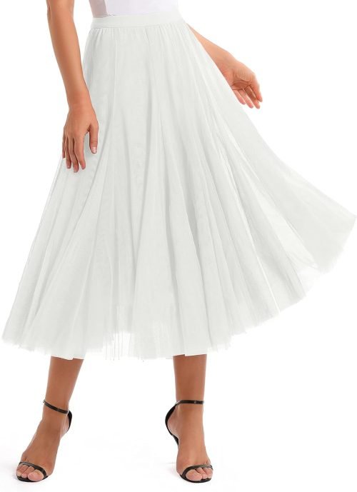 Women's Tulle Skirt Elastic High Waist Layered Pleated Mesh Flowy A-line Midi Skirt
