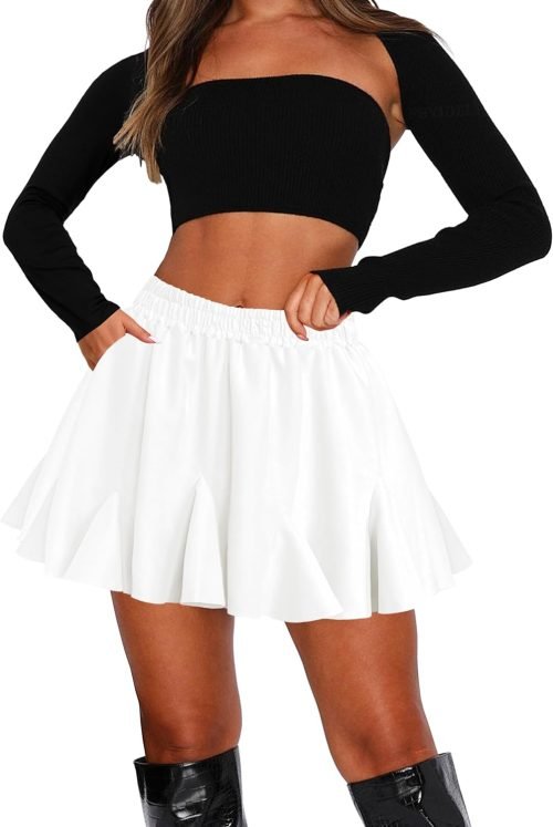 Women's Pleated Skater Skirt with Pockets High Waisted Ruffles Flared Mini Short Skirts