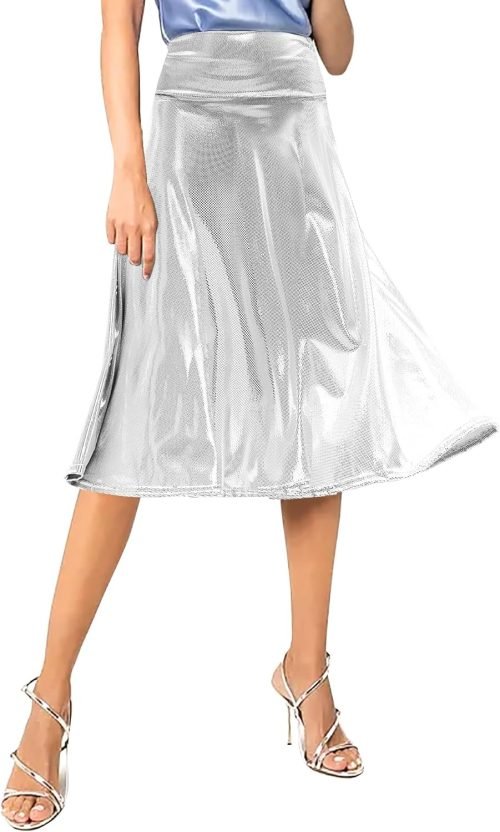 Women's Casual Ruched Stretchy High Waist A-Line Skirt Pleated Flared Midi Skirt