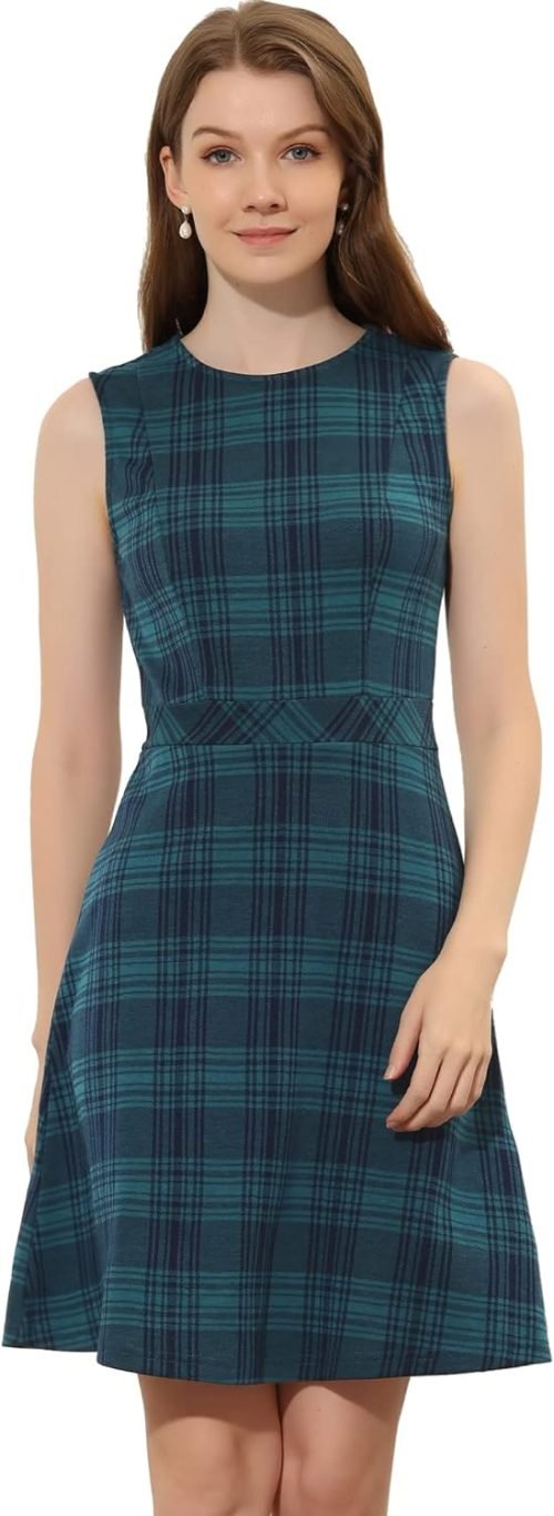 Women's Plaid Dress Sleeveless Fit and Flare Houndstooth Work Dresses
