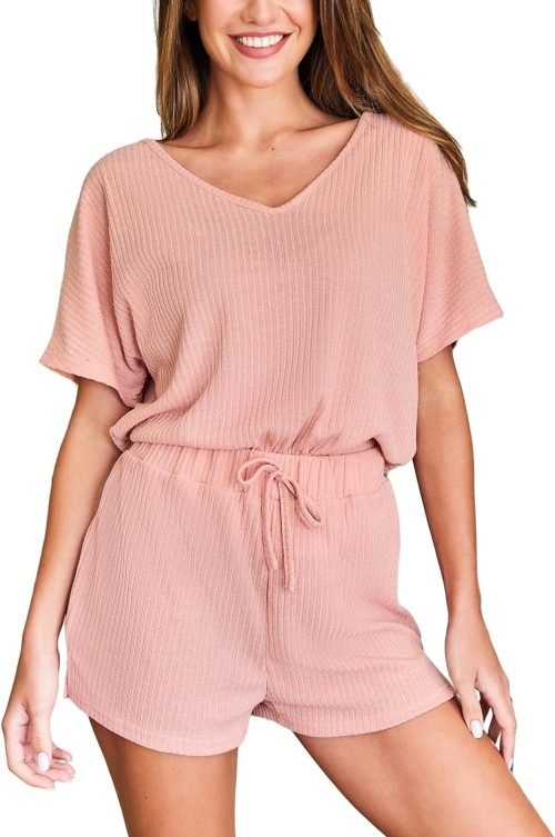 Ribbed Knit Pajama Sets for Women Short Sleeve Loungewear V Neck Pjs Shorts Sets