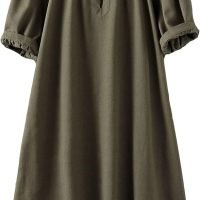 Women's Cotton Linen Dress Short Sleeve Midi Casual Tunic Dress with Pockets