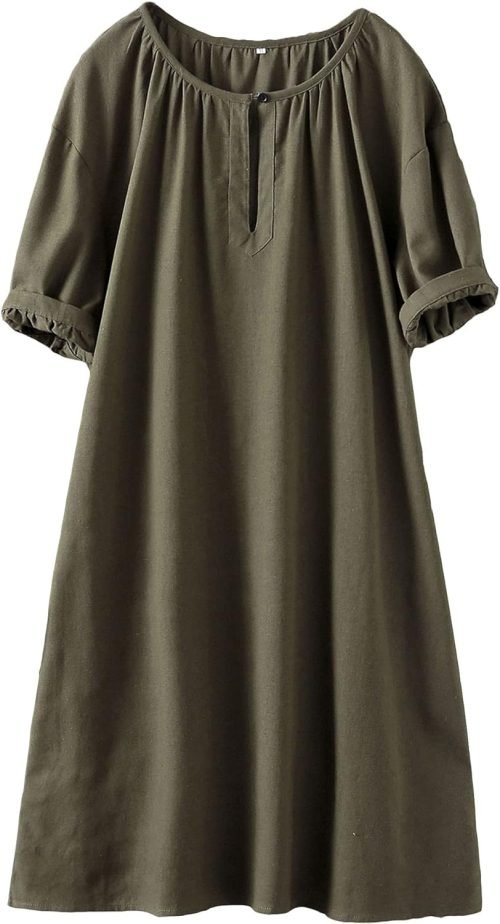 Women's Cotton Linen Dress Short Sleeve Midi Casual Tunic Dress with Pockets