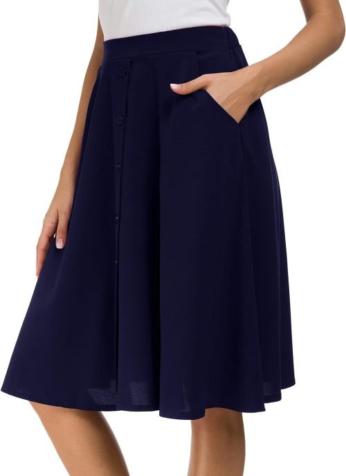 Womens High Waisted A Line Pleated Midi Skirt Button Front Skirts with Pocket