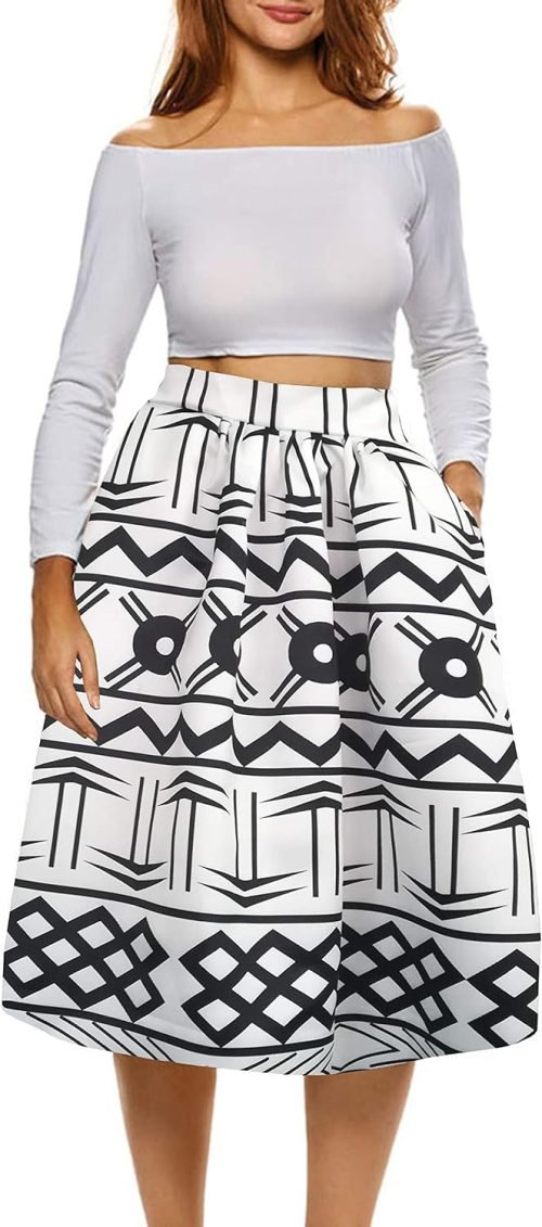 Womens African Print Skirt Boho Flare Pleated Midi Skirt with Pockets