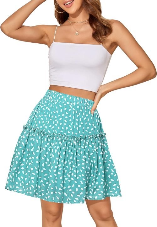 Women's Summer High Waist Floral Layered Ruffle Pleated Beach Mini Skirt